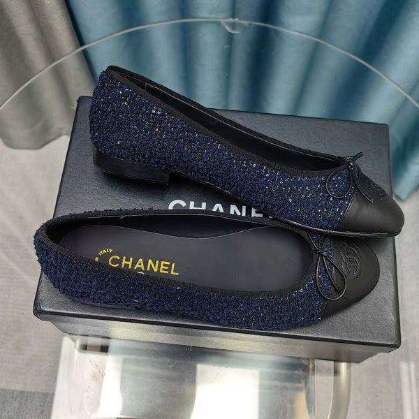 CC 25P Ballerina Blu Scuro Tweed Pelle di Vitello Nera