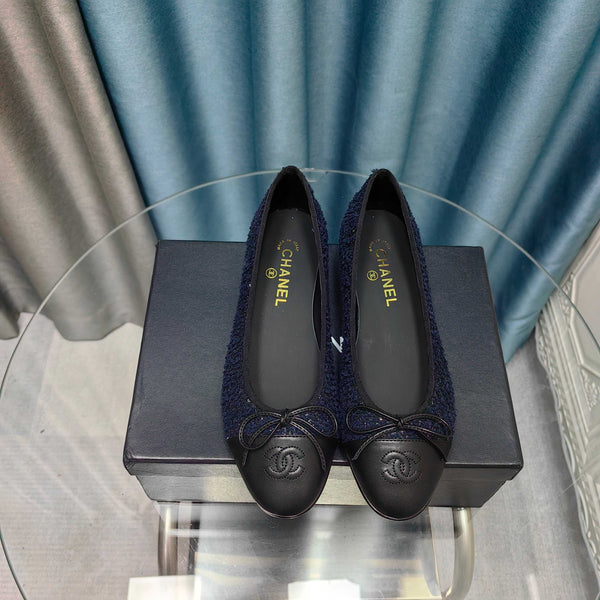 CC 25P Ballerina Blu Scuro Tweed Pelle di Vitello Nera