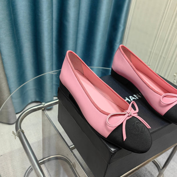 CC 25P Ballet Flat Pink Calfskin Black Grosgrain