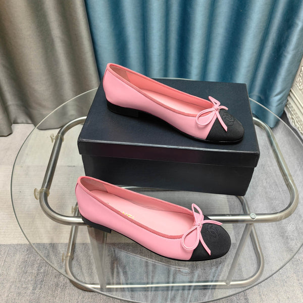 CC 25P Ballet Flat Pink Calfskin Black Grosgrain