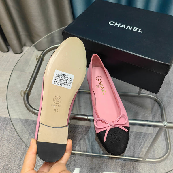 CC 25P Ballet Flat Pink Calfskin Black Grosgrain