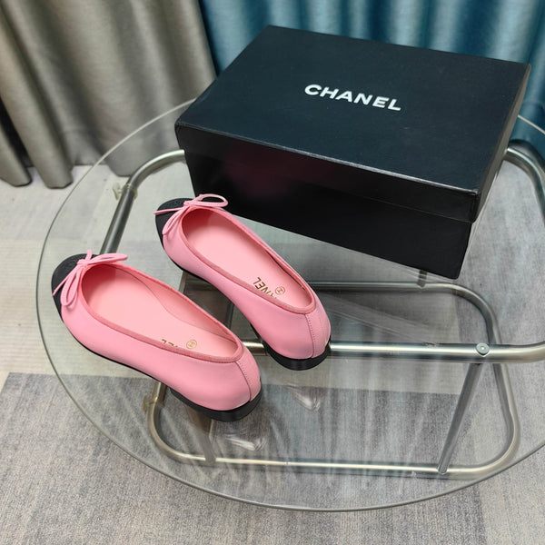 CC 25P Ballet Flat Pink Calfskin Black Grosgrain