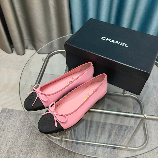 CC 25P Ballet Flat Pink Calfskin Black Grosgrain