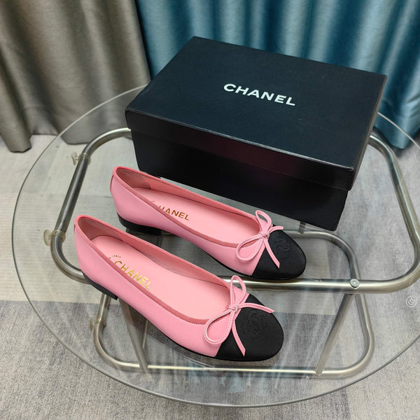 CC 25P Ballet Flat Pink Calfskin Black Grosgrain