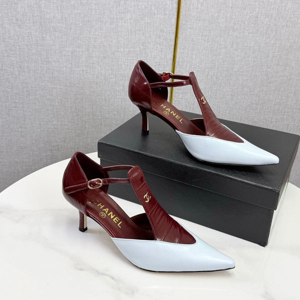 Escarpins Bride en T CC Talon Chaton Blanc Rouge Peau de Mouton 619977