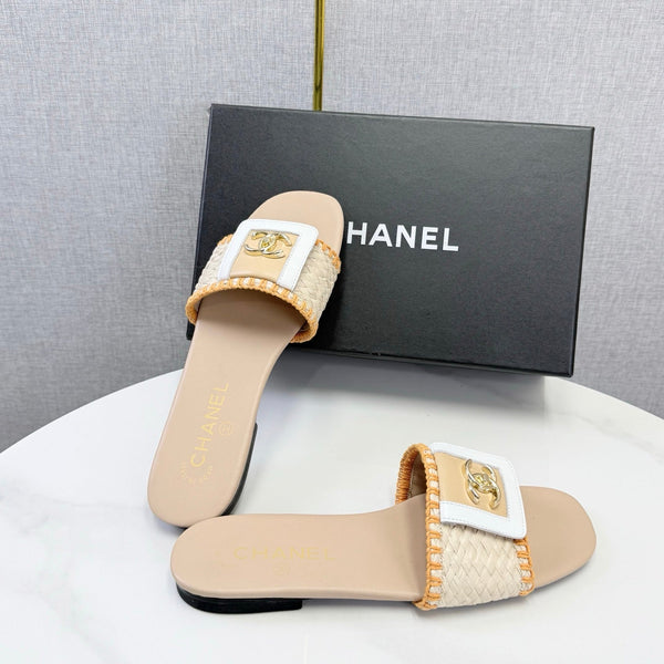 CC 26s Woven Strap Slides Beige Orange Lambskin