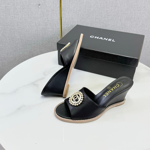 CC 26s Wedge Heels In Black Lambskin With Cc Pearl Embellished