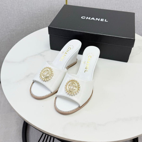 CC 26s Wedge Heels In White Lambskin With CC Pearl Embellished