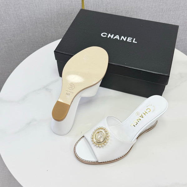 CC 26s Wedge Heels In White Lambskin With CC Pearl Embellished