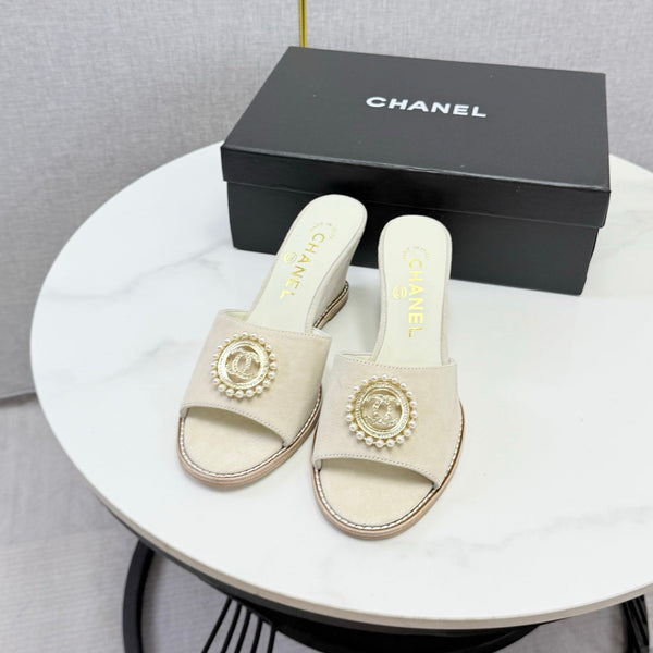 CC 26s Wedge Heels In Light Beige Suede With CC Pearl Embellished