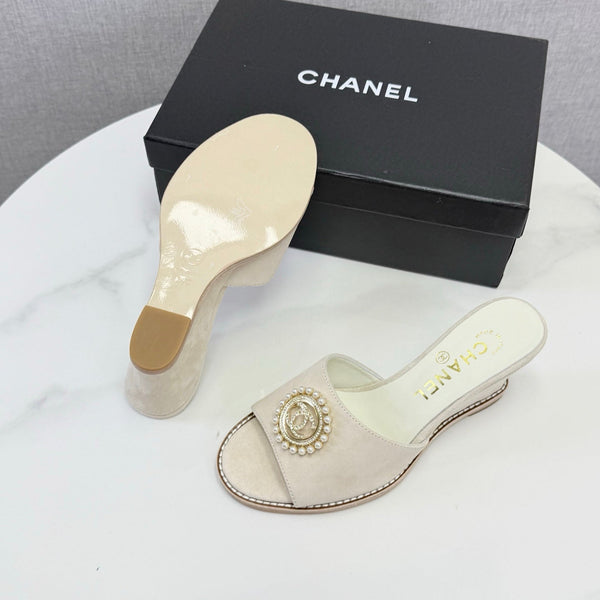 CC 26s Wedge Heels In Light Beige Suede With CC Pearl Embellished