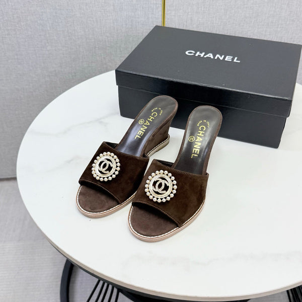 CC 26s Wedge Heels In Dark Brown Suede With CC Pearl Embellished