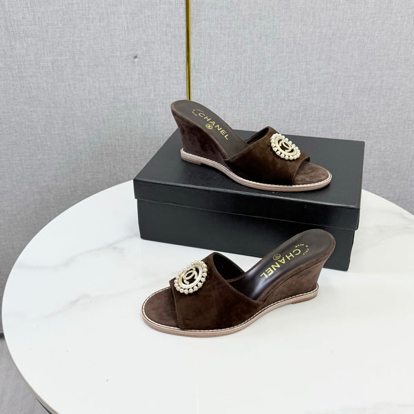 CC 26s Wedge Heels In Dark Brown Suede With CC Pearl Embellished