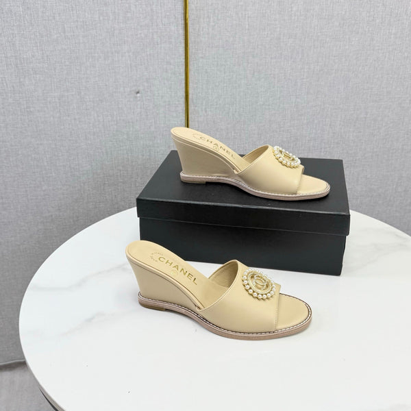 CC 26s Wedge Heels In Beige Lambskin With CC Pearl Embellished