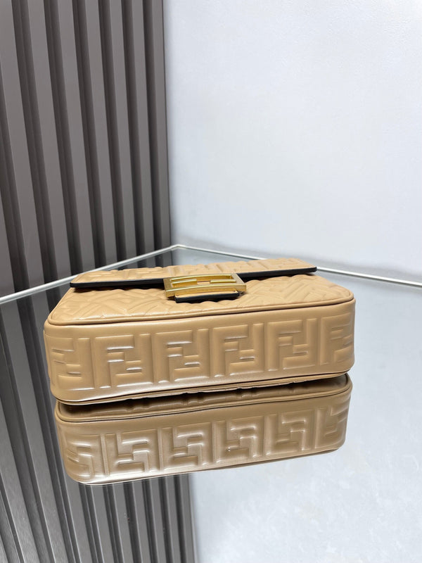 Fend Baguette 24 Bag With FF Motif Beige Leather Ghw
