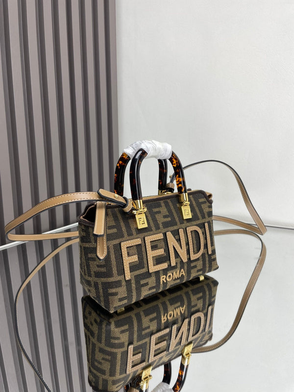 BY THE WAY MINI 18 IN SOYA BEAN JACQUARD FABRIC AND BROWN CALFSKIN TRIM