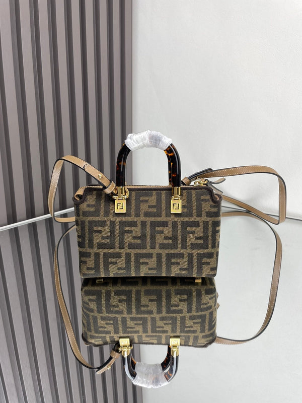 BY THE WAY MINI 18 IN SOYA BEAN JACQUARD FABRIC AND BROWN CALFSKIN TRIM