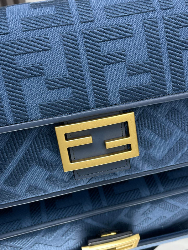 Fend Baguette Blue Canvas Bag 27 with FF Embroidery Ghw