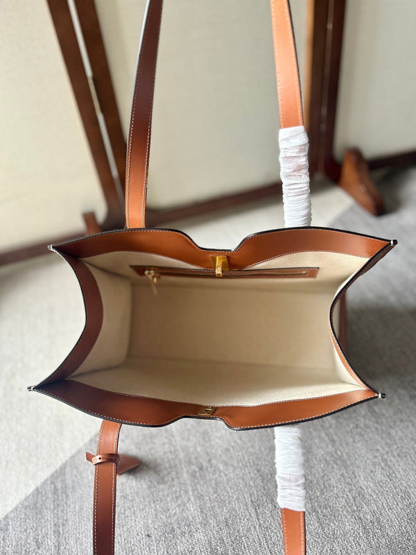 CABAS 37 IN TELA BIANCA E BORDI IN PELLE DI VITELLO BRONZO CON CHIUSURA ORO