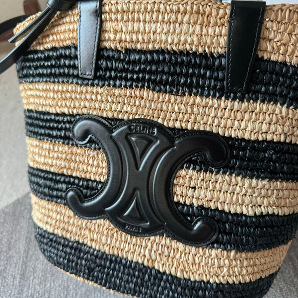 STRIPED COUFFIN CLASSIC PANIER 22 IN BEIGE AND BLACK RAFFIA AND CALFSKIN TRIM