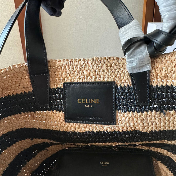 STRIPED COUFFIN CLASSIC PANIER 22 IN BEIGE AND BLACK RAFFIA AND CALFSKIN TRIM