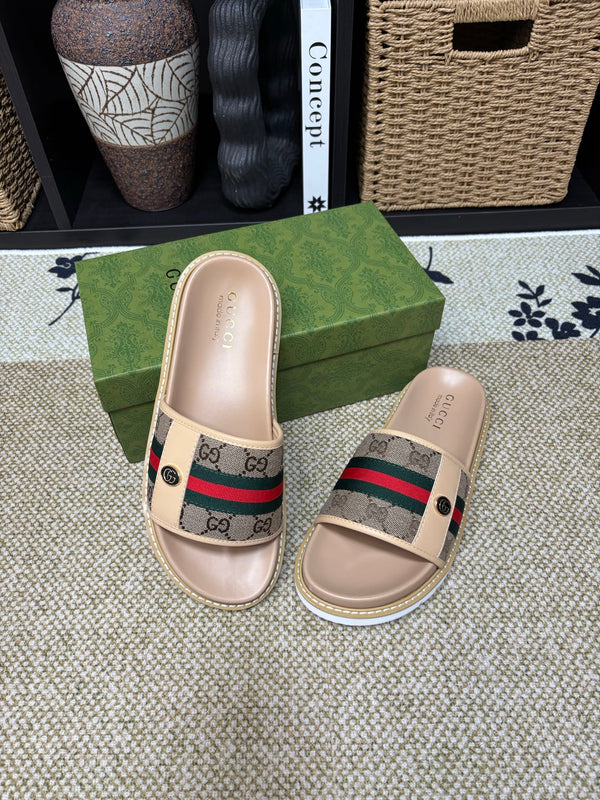 GG Men's Web Slide Beige Canvas Cowhide 595537