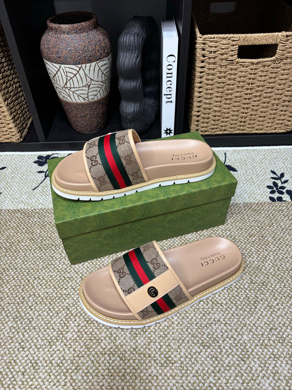 GG Men's Web Slide Beige Canvas Cowhide 595537