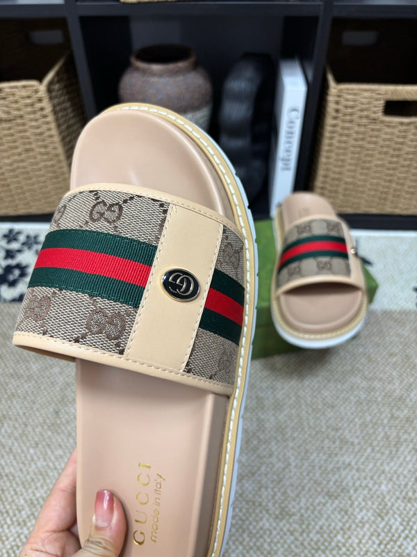 GG Men's Web Slide Beige Canvas Cowhide 595537