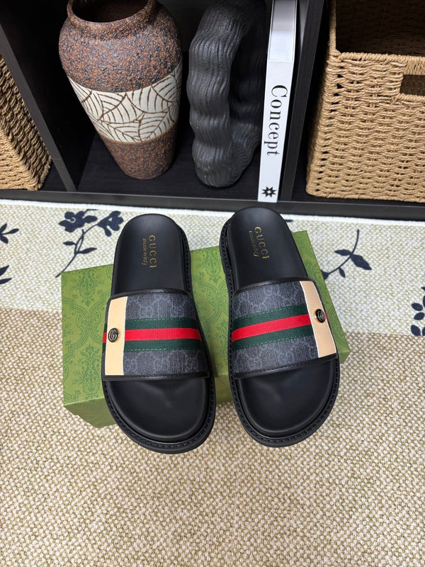 GG Men's Web Slide Black Canvas Cowhide 595542