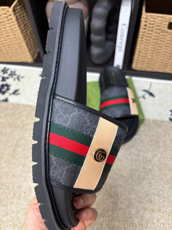 GG Men's Web Slide Black Canvas Cowhide 595542