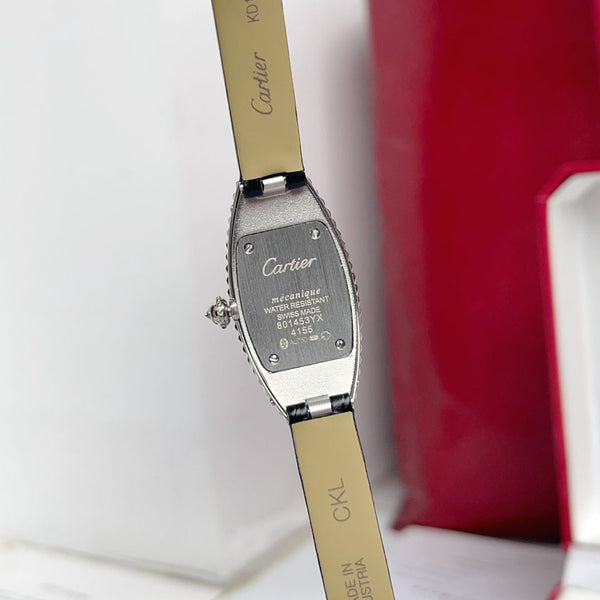 Vintage Baignoire 21mm Silver Diamond Case Black Leather