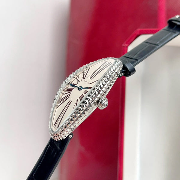 Vintage Baignoire 21mm Silver Diamond Case Black Leather