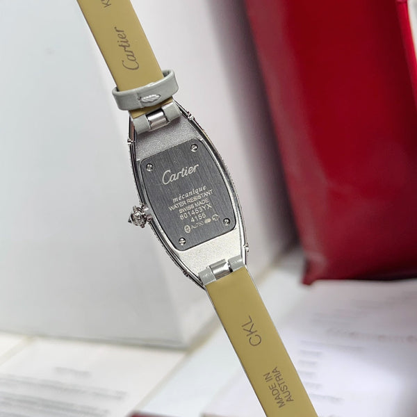 Vintage Baignoire 21mm Silver Diamond Case Grey Leather