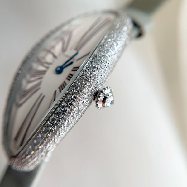 Vintage Baignoire 21mm Silver Diamond Case Grey Leather