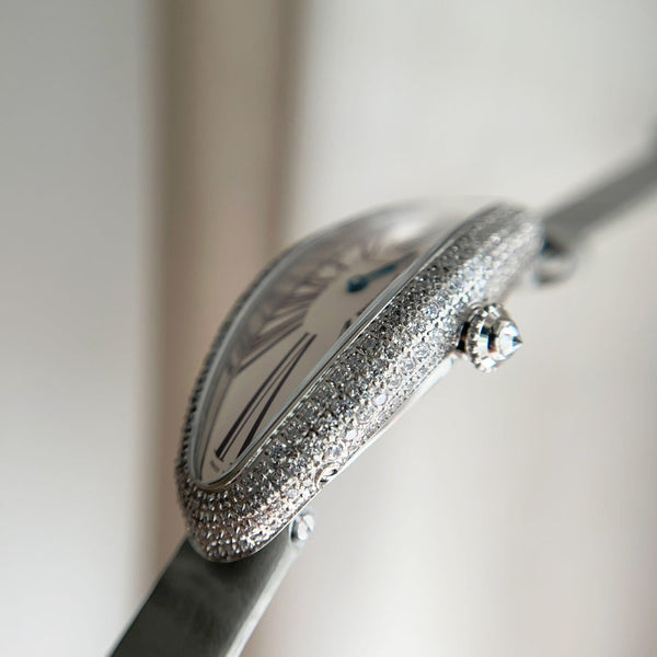 Vintage Baignoire 21mm Silver Diamond Case Grey Leather