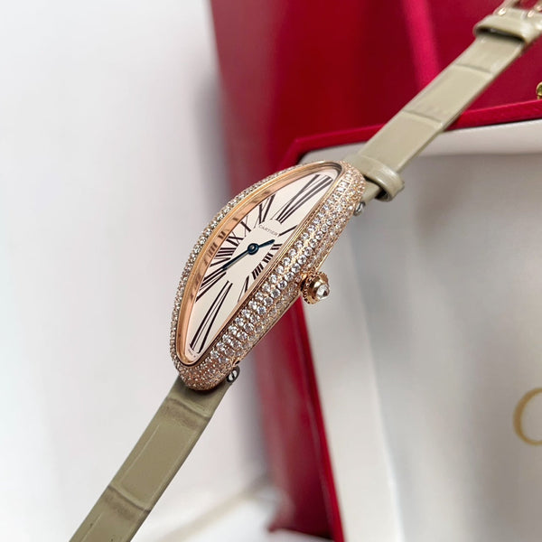 Vintage Baignoire 21mm Pink Gold Diamond Case Khaki Leather