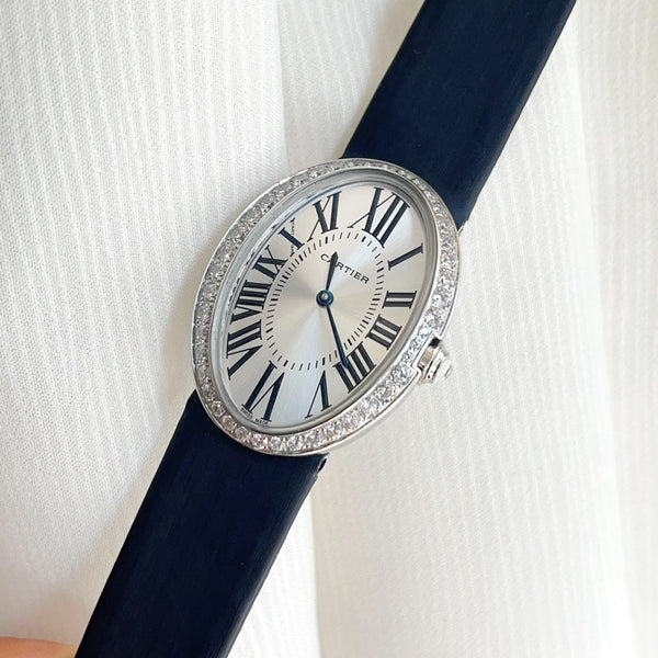 Baignoire 28mm Silver Diamond Case Black Silk Leather