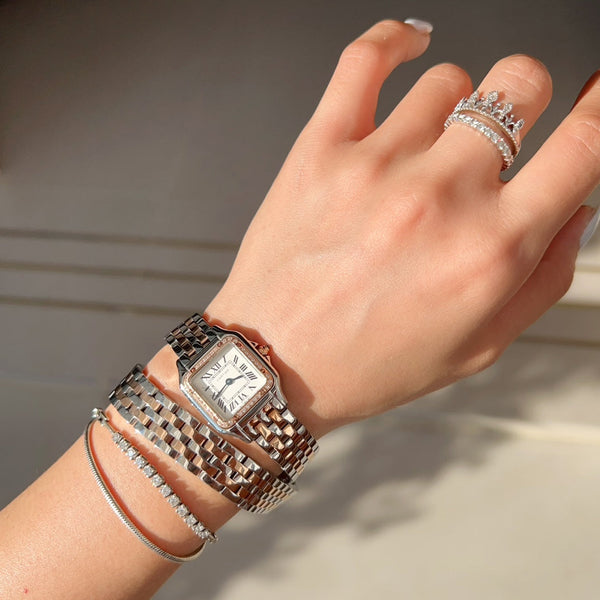 Panthere 22mm Pink Gold Silver Diamond Bezel Double Chain 44cm