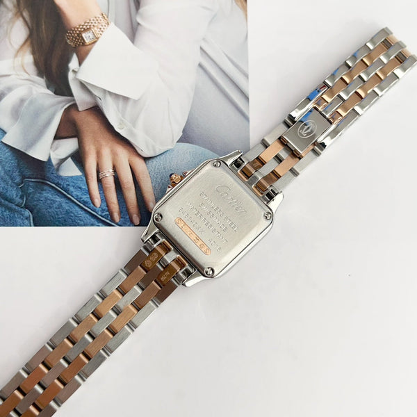 Panthere 22mm Pink Gold Silver Diamond Bezel Double Chain 44cm