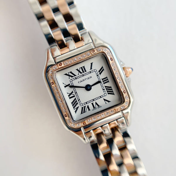 Panthere 22mm Pink Gold Silver Diamond Bezel Double Chain 44cm