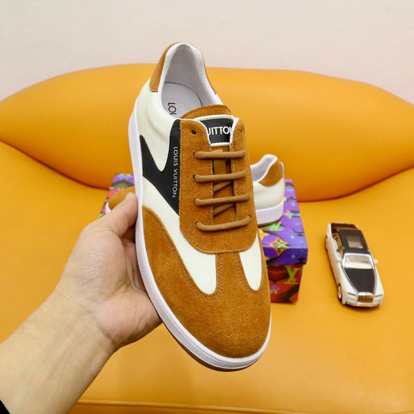 LV TRAINERS IN AMBER YELLOW SUEDE AND WHITE MIX BLACK CALFSKIN
