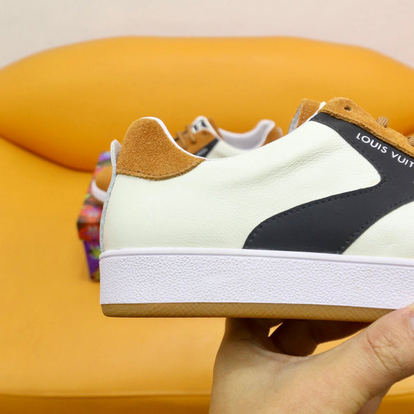 LV TRAINERS IN AMBER YELLOW SUEDE AND WHITE MIX BLACK CALFSKIN