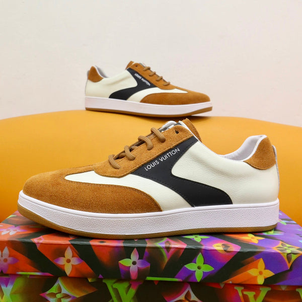 LV TRAINERS IN AMBER YELLOW SUEDE AND WHITE MIX BLACK CALFSKIN