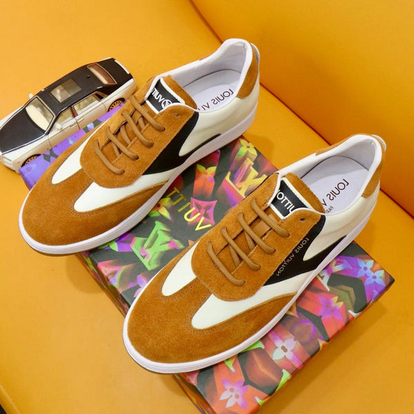 LV TRAINERS IN AMBER YELLOW SUEDE AND WHITE MIX BLACK CALFSKIN