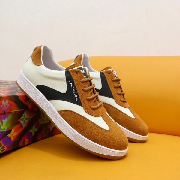 LV TRAINERS IN AMBER YELLOW SUEDE AND WHITE MIX BLACK CALFSKIN
