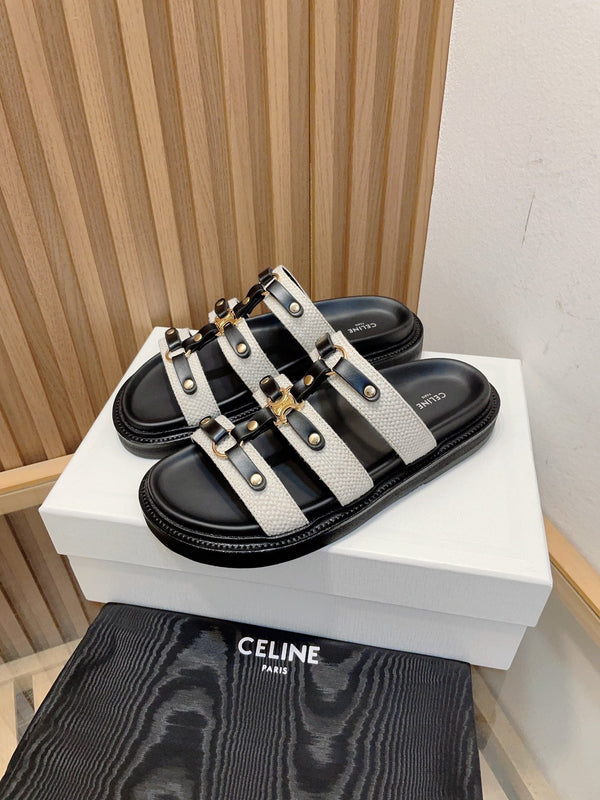 tippi slide sandal white black canvas calfskin