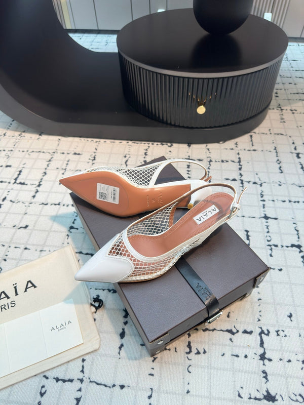 ALAIA SLINGBACKS 5 CM IN WHITE CALFSKIN WITH MESH