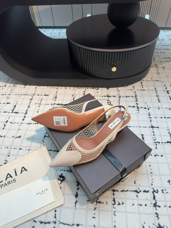 ALAIA SLINGBACKS 5 CM IN BEIGE CREAM CALFSKIN WITH MESH