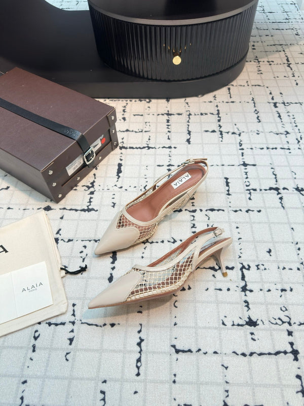 ALAIA SLINGBACKS 5 CM IN BEIGE CREAM CALFSKIN WITH MESH