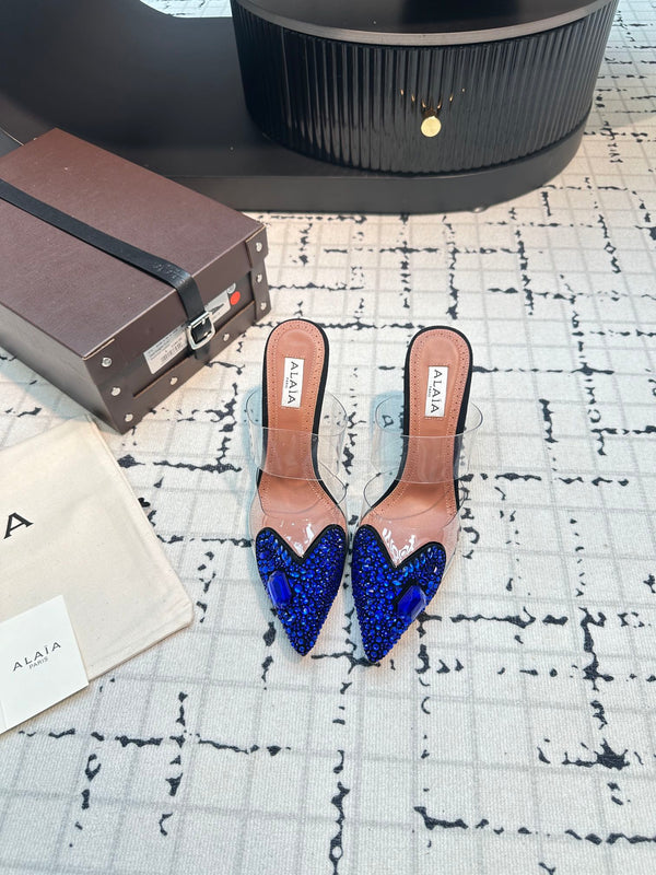 Alaia Heart With Crystals 90mm Heels Mules Dark Blue Sheepskin 800948